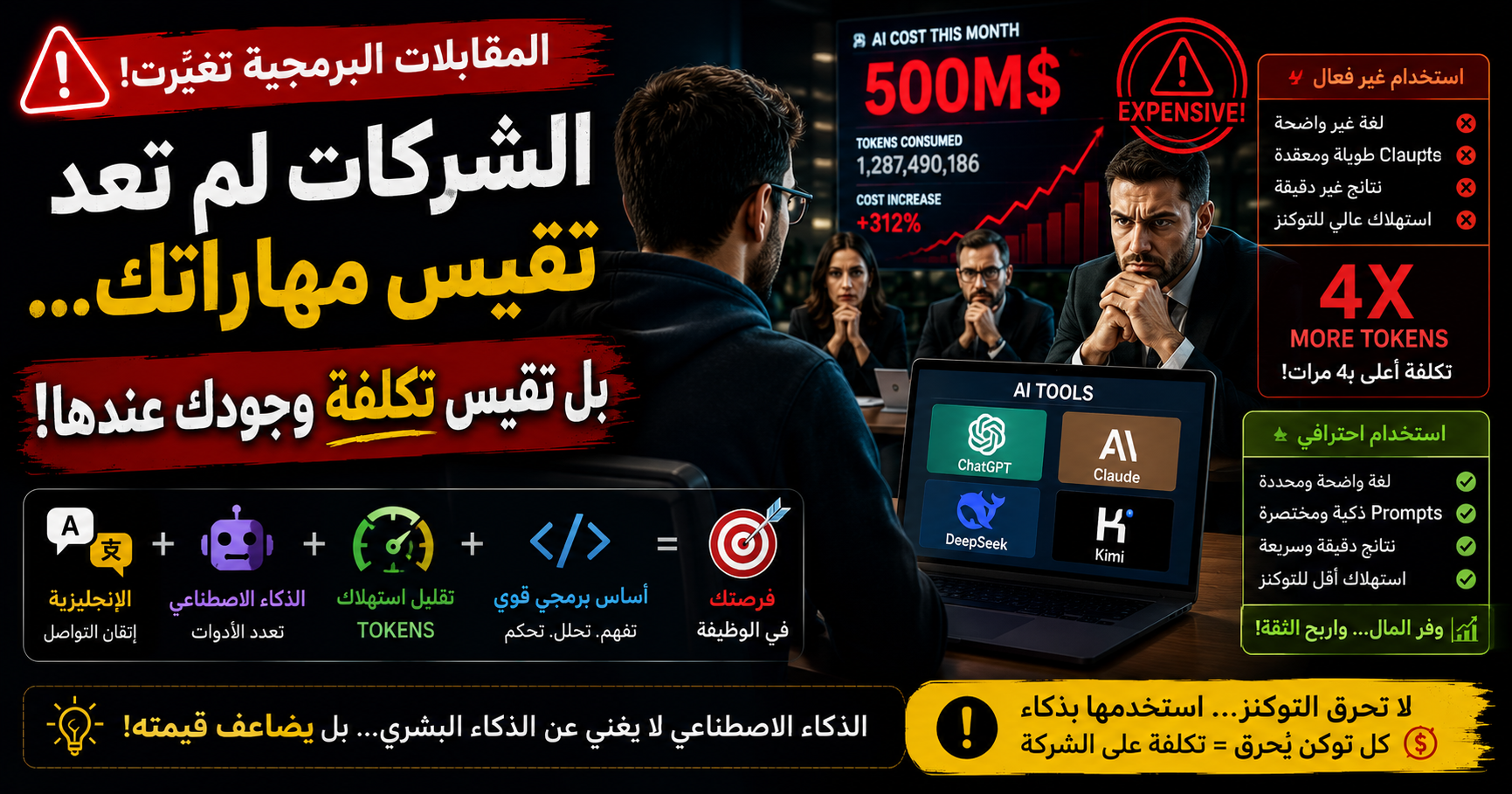 قبل سنوات كانوا يسألوك:  "كم لغة برمجة بتعرف؟"  اليوم صاروا يسألوا بشكل غير مباشر:  "كم Token بتحرق مقابل كل مهمة؟"